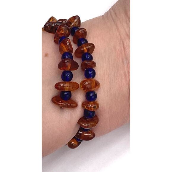 Amber Bracelet Blue Acrylic Divider Beads Memory Wire - Picture 7 of 11